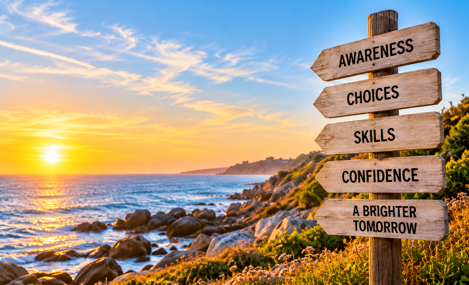 Wooden coastal signs: Awareness, Choices, Skills, Confidence, A Brighter Tomorrow